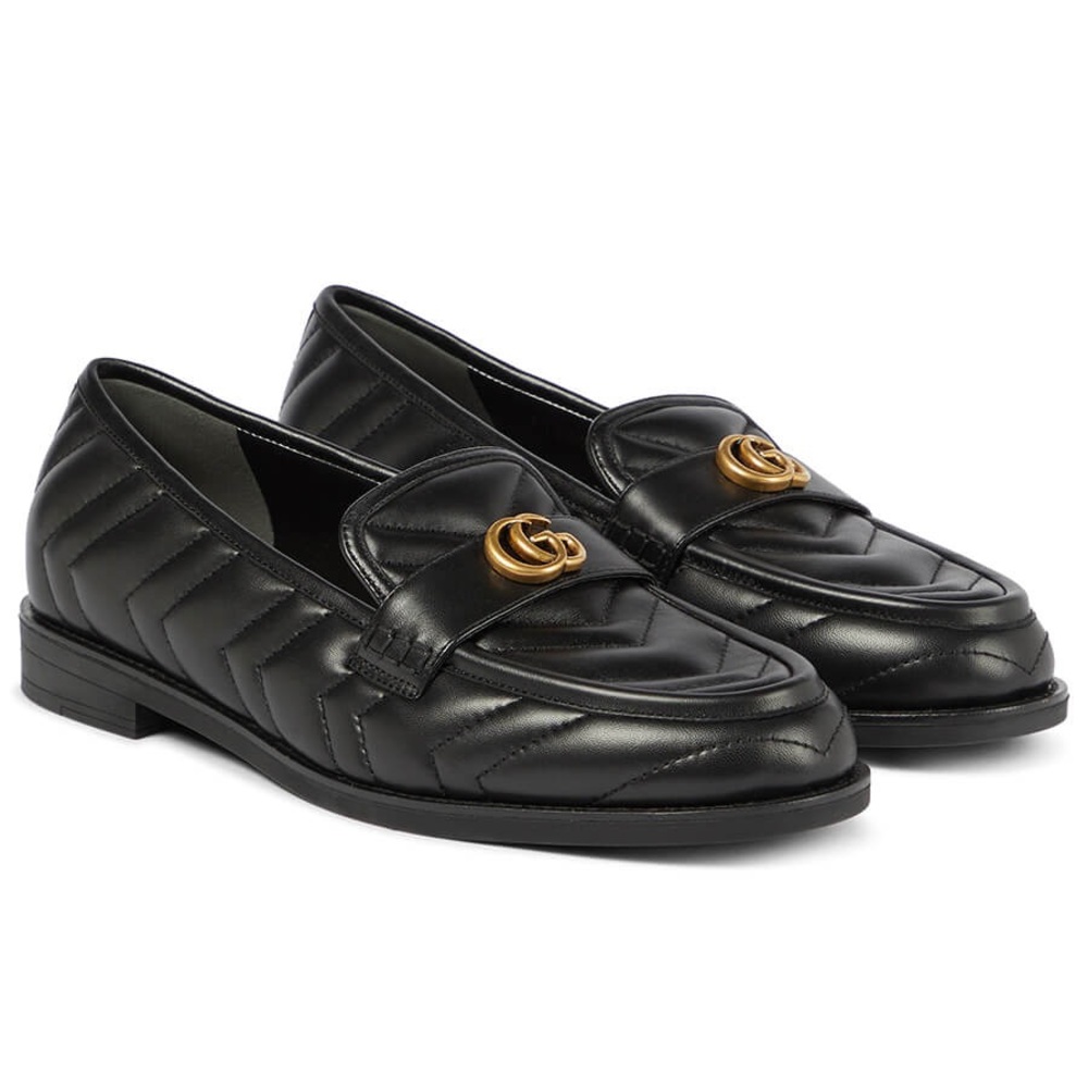 Gucci Black Leather Loafers with Gold Logo